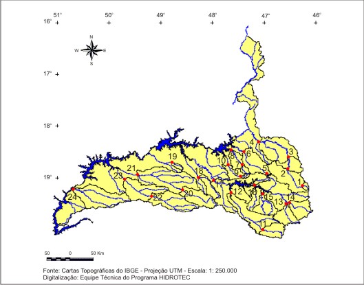 Figura 1 - Localizao das sub-bacias estudadas nas regies hidrologicamente homogneas identificadas para as vazes mdias e mnimas, na regio hidrogrfica do rio Paranaba, em Minas Gerais