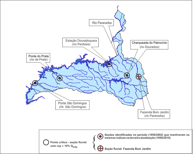 Figura 5 - Localizaao das seoes fluviais (estaoes) que apresentaram baixa capacidade de regularizaao<br> natural na regio hidrogrfica do rio Paranba