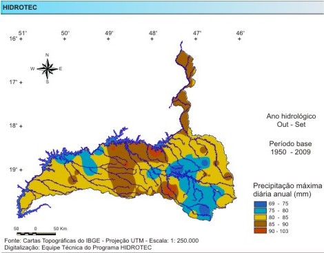 Figura 3 - Mapa da precipitao mxima diria anual (mm/ano), da bacia do rio Paranaba