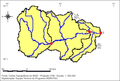 Figura 1 - Localizao das sub-bacias estudadas nas regies hidrologicamente homogneas <br />identificadas para as vazes mdias e mnimas, na bacia do  rio Jequitinhonha e sub-bacia do rio Pardo