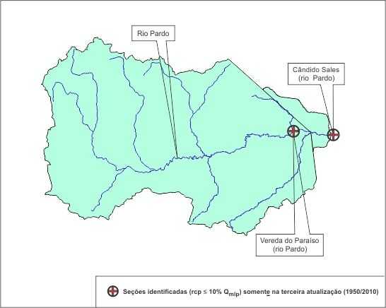 Figura 5 - Localizao das sees fluviais (estaes) que apresentaram baixa capacidade de regularizao natural na bacia do rio Jequitinhonha e sub-bacia do rio Pardo