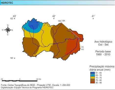 Figura 3 - Mapa da precipitao mxima diria anual (mm/ano), da bacia do rio Pardo