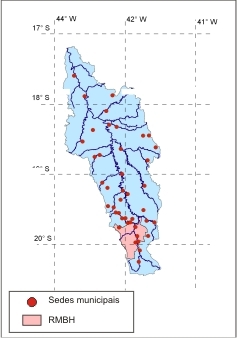 Figura 1 - Localizao da RMBH e das sedes municipais na bacia do rio das Velhas