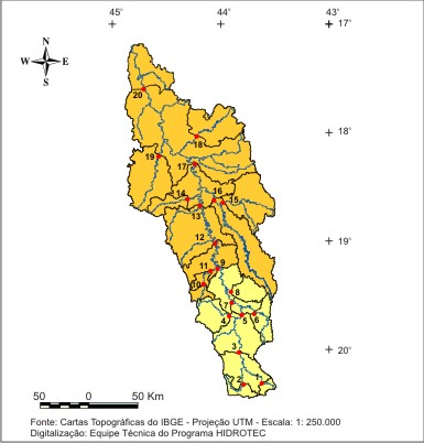 Figura 1 - Localizao das sub-bacias estudadas nas regies hidrologicamente homogneas identificadas para as vazes mdias e mnimas, no rio das Velhas