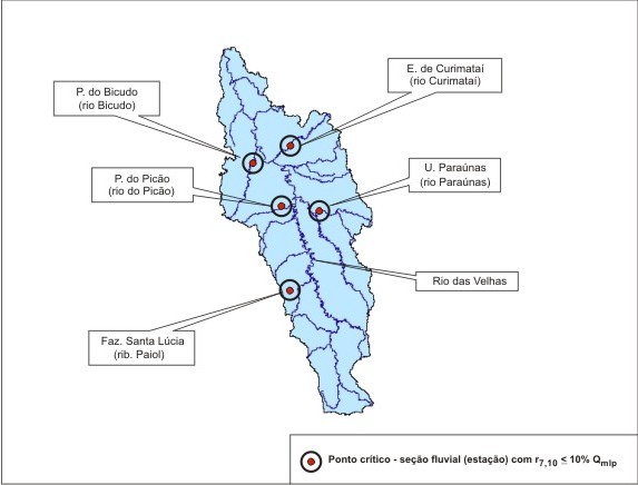 Figura 5 - Localizaao das seoes fluviais (estaoes) que apresentaram baixa capacidade de regularizaao<br> natural na bacia do rio das Velhas