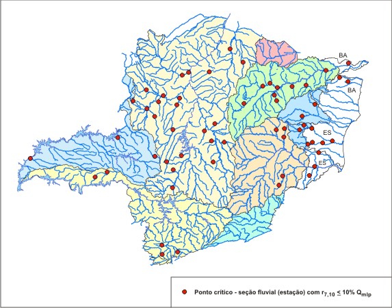 Figura 2 - Localizaao das seoes fluviais (estaoes) que apresentaram baixa capacidade de regularizaao natural<br> nas regioes hidrogrficas mineiras e reas adjacentes pertecentes ao Estado do Espirito Santo e Bahia